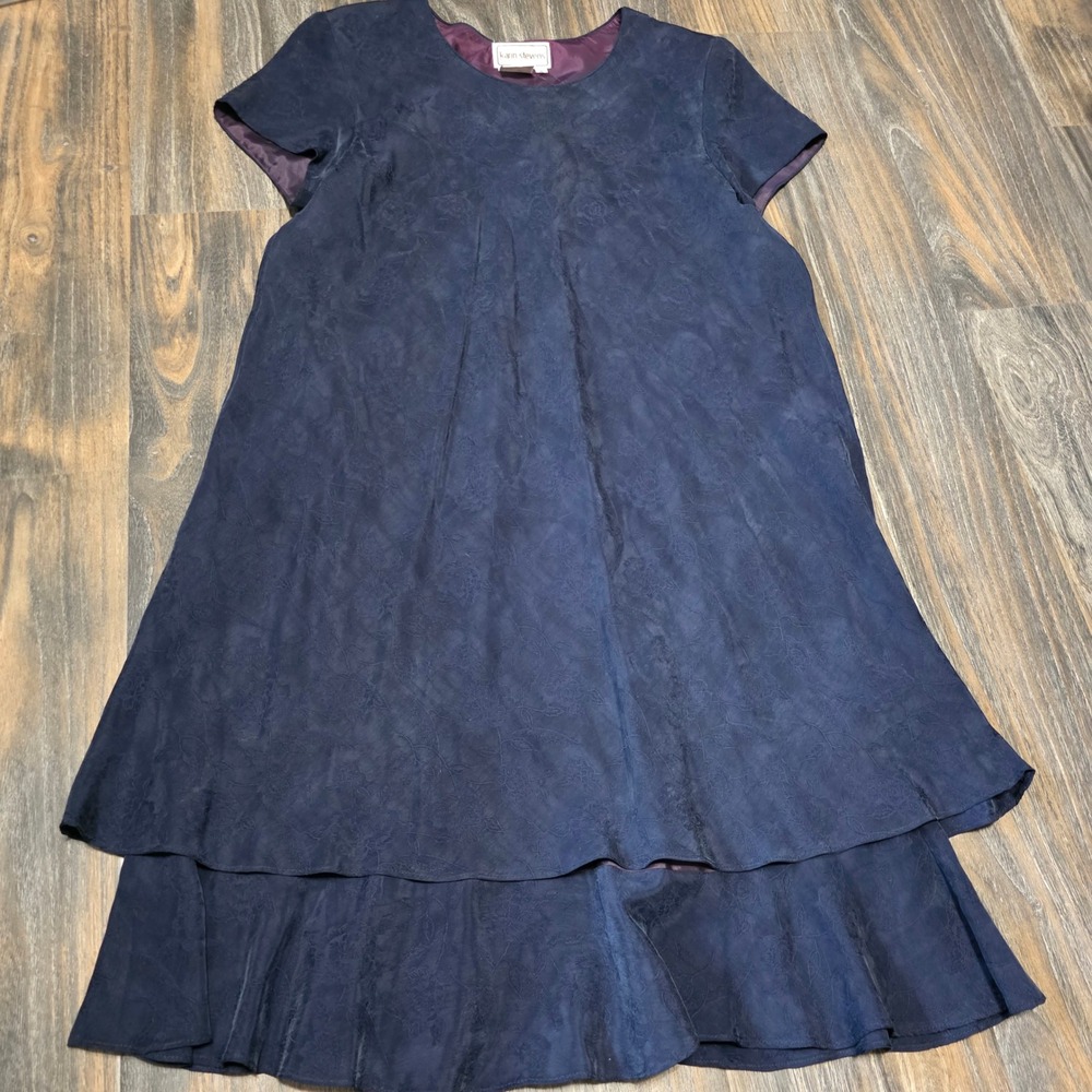 Karin Stevens Navy Blue Floral Jacquard Tiered Shift Dress Womens 16 Short Slv